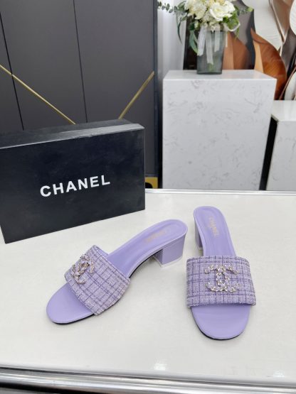 Chanel 2025 new purple fabric sheepskin thick heel sandals - Image 2