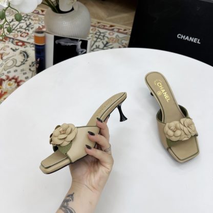 Chanel Spring and Summer Dancing Shoes Series Apricot Small Square Toe Camellia Stiletto Fashion Sandals - Image 2