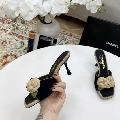 Chanel Spring and Summer Dancing Shoes Series Black Small Square Toe Camellia Stiletto Fashion Sandals - Image 2