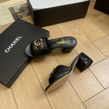 Chanel's new black spring and summer style celebrity temperament durable thick heel sandals heel height 4.5cm - Image 2