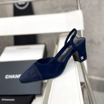 Chanel thick heel square toe color matching dark blue all-match high heel sandals - Image 2