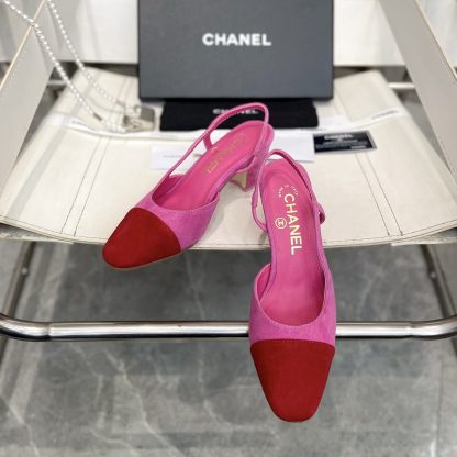 Chanel thick heel square toe color matching dark pink with red all-match high heel sandals - Image 2