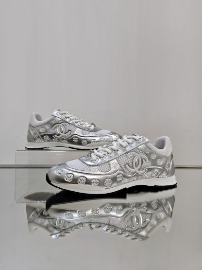Chanel unisex white and silver diamond-patterned breathable mesh casual shoes - Image 2