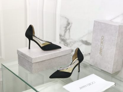 Jimmy Choo black suede leather pumps with rhinestone chain - Image 2