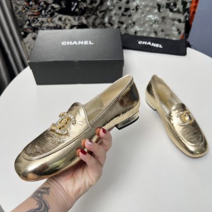 Chanel Early Spring Dance Shoes Series Small Round Toe Slim Gold Loafers - Image 2