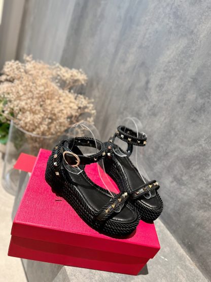 VALENTINO Studded Rope Woven Wedge Sandals