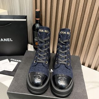 Chanel autumn and winter new dark blue strap design non-slip boots