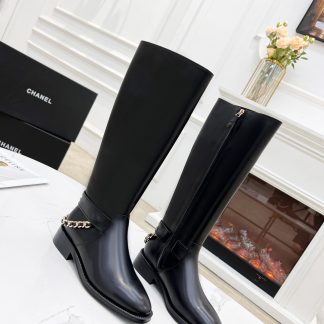 Chanel black new height-enhancing slimming and versatile side zipper high boots with heel height 2.5cm