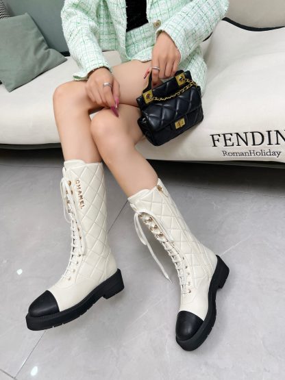 Chanel Autumn and Winter Electric Show Diamond Style Off-White Mid-Boots - Image 2