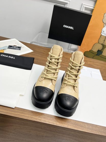 Chanel autumn and winter electric embroidery diamond apricot wear-resistant and non-slip Martin boots