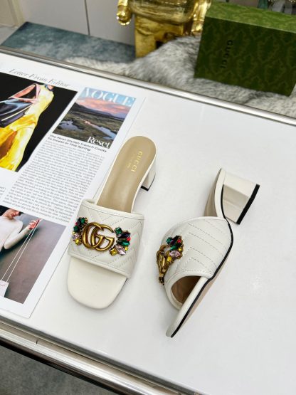 Gucci spring and summer new GG rhinestone buckle round toe thick heel slippers - Image 2