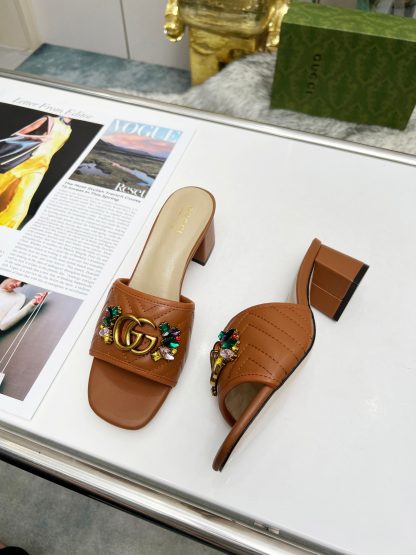 Gucci spring and summer new GG rhinestone buckle round toe thick heel slippers - Image 2