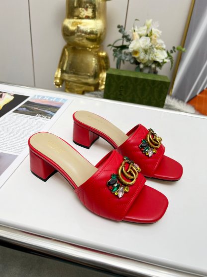 Gucci spring and summer new GG rhinestone buckle round toe thick heel slippers - Image 2