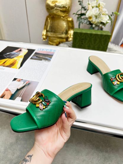 Gucci spring and summer new GG rhinestone buckle round toe thick heel slippers - Image 2