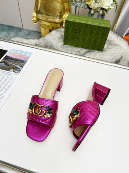 Gucci spring and summer new GG rhinestone buckle round toe thick heel slippers - Image 2