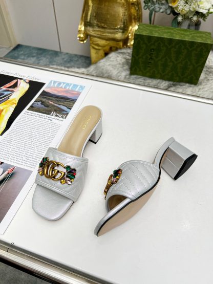 Gucci spring and summer new GG rhinestone buckle round toe thick heel slippers - Image 2