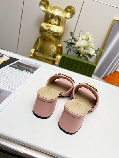 Gucci spring and summer new GG rhinestone buckle round toe thick heel slippers - Image 2