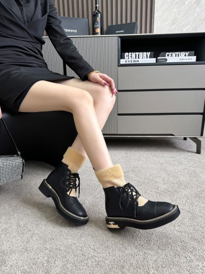 Chanel classic fashion black apricot simple lace-up boots - Image 2