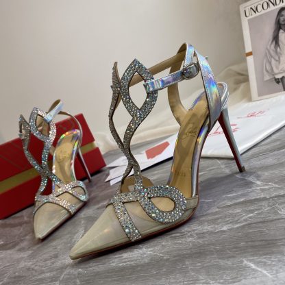 Christian Louboutin Crystal Studded Fine High Heels with Mesh Pointed Toe - Image 2
