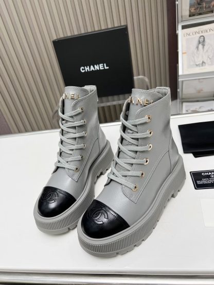 Chanel grey lace-up design non-slip wear-resistant leather boots - Image 2