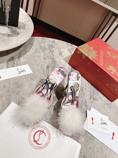 ChristianLouboutin Fish Mouth Fur Ball Sandals High Heels - Image 2