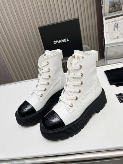 Chanel white lace-up design non-slip wear-resistant leather boots - Image 2