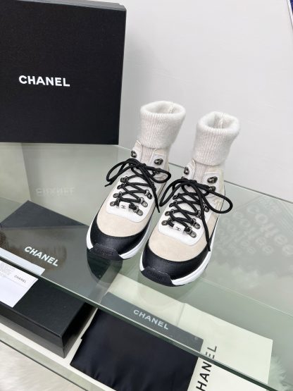 Chanel apricot black mixed socks leather casual sneakers - Image 2