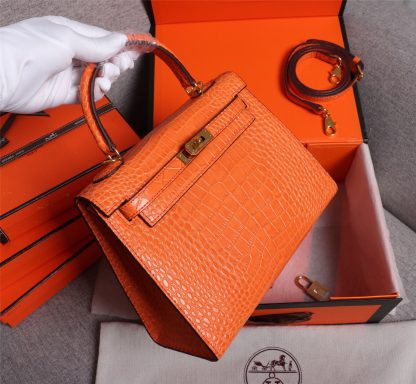 Hermès Orange Mini Second Generation Kelly Crocodile Pattern Crossbody Bag Size: 25cm+9cm+18cm - Image 2