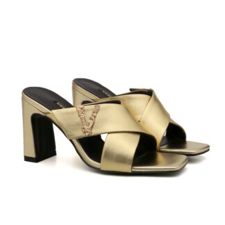 VERSACE chunky heel V buckle sandals high heels