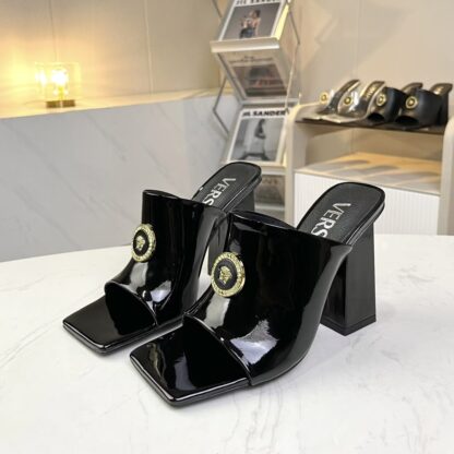 VERSACE shiny patent leather new square toe block heel sandals high heels - Image 2