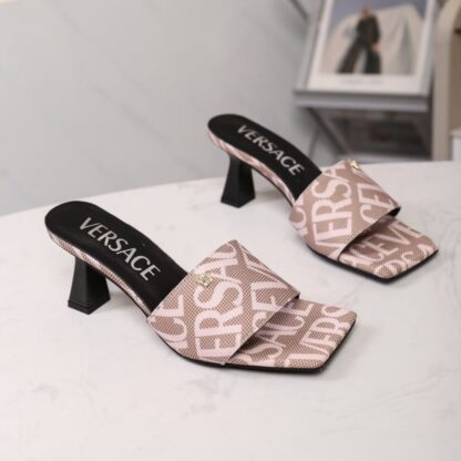 VERSACE New Canvas Jacquard Pattern Open Toe High Heel Mules - Image 2