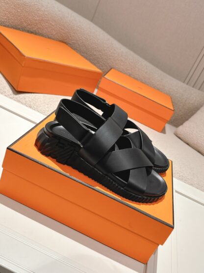 Hermes pure black comfortable casual style cross sandals with a bottom thickness of 4cm - Image 2