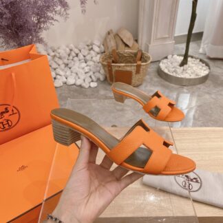 Hermès summer versatile classic orange thick heel sandals