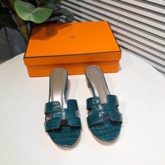 Hermès summer versatile blue-green block-heeled sandals