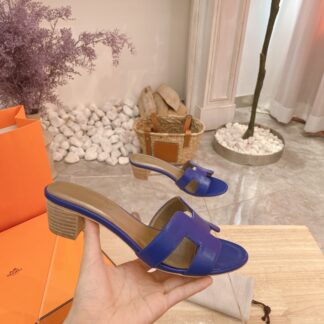 Hermès dark purple summer versatile classic palm pattern thick heel sandals