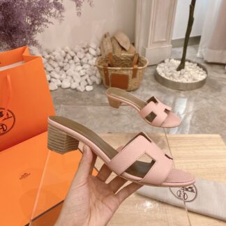 Hermes Palm Print Summer Classic Cowhide Pink Chunky Heel Sandals