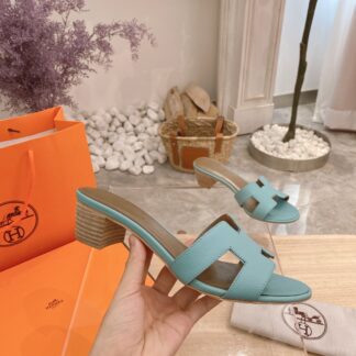 Hermes Palm Print Summer Classic Cowhide Light Blue Chunky Heel Sandals