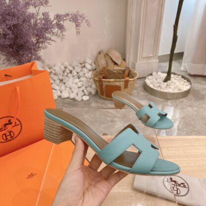 Hermes Palm Print Summer Classic Cowhide Light Blue Chunky Heel Sandals