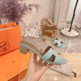 Hermes Palm Print Summer Classic Cowhide Light Blue Block Heel Sandals
