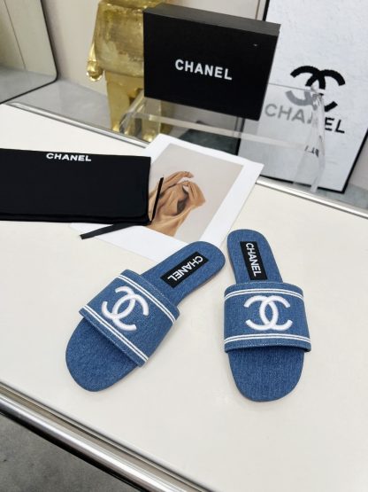 Chanel dark blue new fabric sheepskin slippers - Image 2