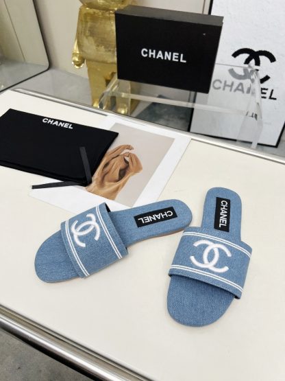 Chanel Light Blue New Fabric Sheepskin Slippers - Image 2