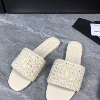Chanel off-white new fabric sheepskin slippers
