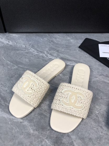 Chanel off-white new fabric sheepskin slippers
