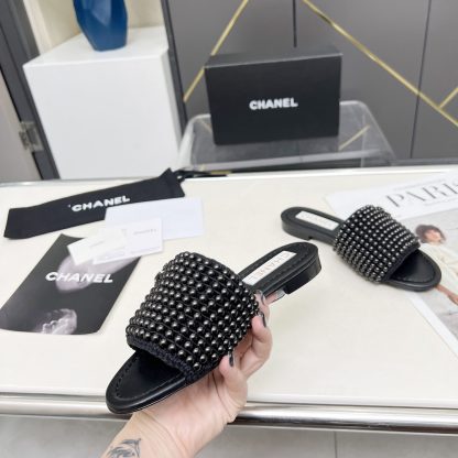 Chanel Spring/Summer Black Dance Shoes Collection Sewn Pearl Vintage Slippers - Image 2