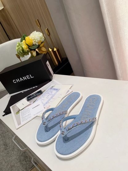 Chanel Spring New Denim Blue Chain Flip Flops - Image 2