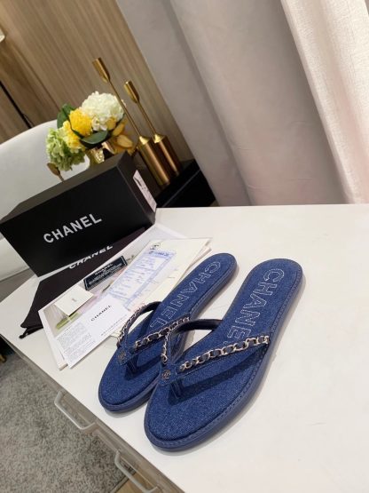 Chanel Spring New Dark Blue Chain Flip-Flops - Image 2