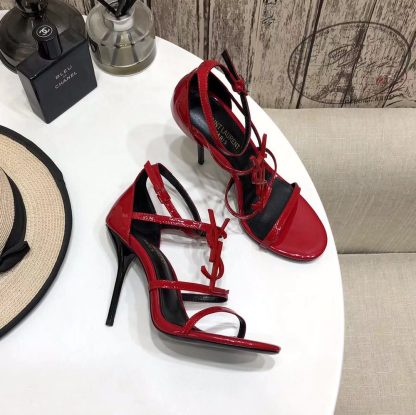 YSL Bright Red Logo Letter Metal Buckle Decorative High Heel Sandals - Image 3