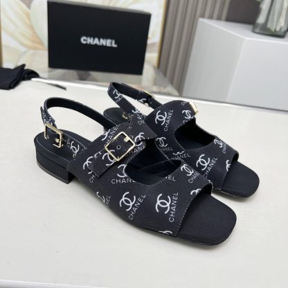 Chanel Spring and Summer Dance Shoes Series New Black Chunky Heel White Printed Sandals Heel Height 2cm - Image 3