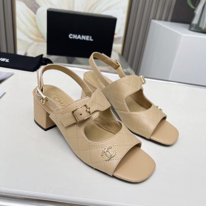 Chanel Spring and Summer Dance Shoes Series New Apricot Chunky Heel Sandals Heel Height 5cm - Image 3