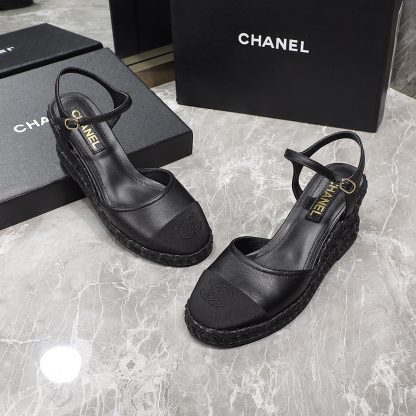 Chanel black hemp rope outsole wedge heel fashionable sandals heel height 7cm - Image 3
